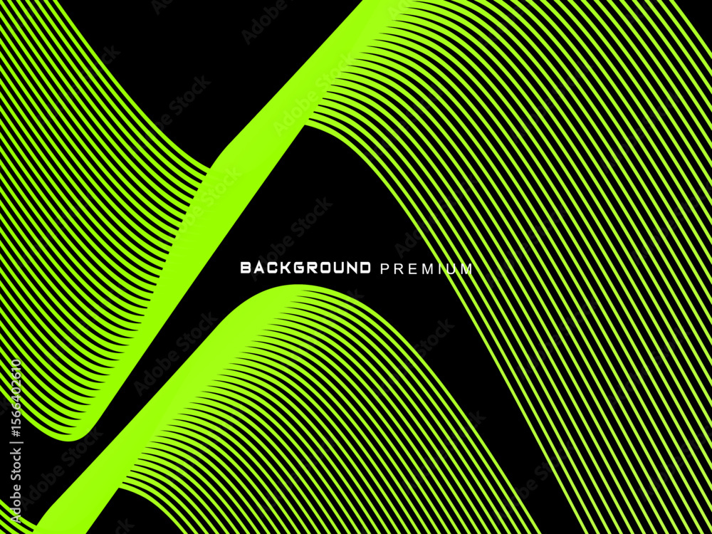 Fototapete Background pattern of bright green neon stripes that curve and wavy dynamically on a black background, creating an effect of movement and modernity.