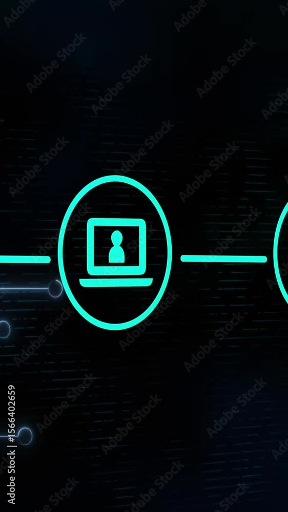 Poster three green digital icons with a computer interface on a glowing blue background