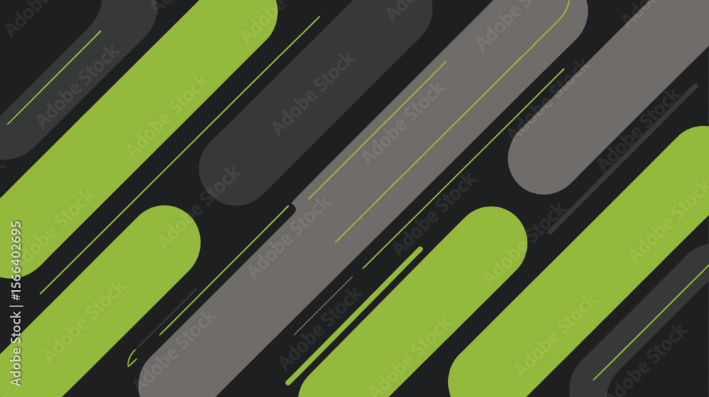 Poster abstract background with green and gray rounded rectangles and thin yellow lines on dark gray