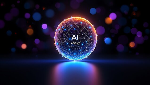 A glowing ai agent sphere is shown in a dark setting
