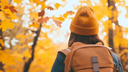 Woman with backpack and hat walks through autumn trees with yellow leaves.