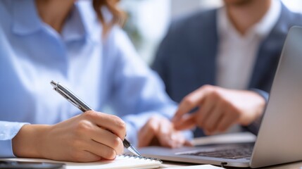 Close-up on a woman in a blue shirt writing in a notebook while a man in a suit points at her laptop. Focus on their hands and the work. 