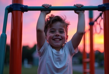Fototapeta premium Happy young boy hanging from playground bars during a colorful sunset