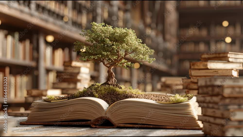 Poster world philosophy day concept with tree of knowledge planting on opening old big book in library full