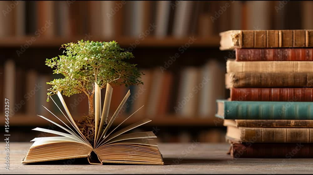 Poster world philosophy day concept with tree of knowledge planting on opening old big book in library full
