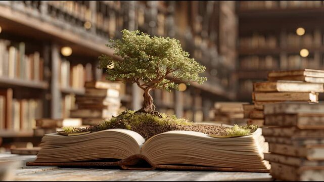 World philosophy day concept with tree of knowledge planting on opening old big book in library full with textbook, stack piles of text archive