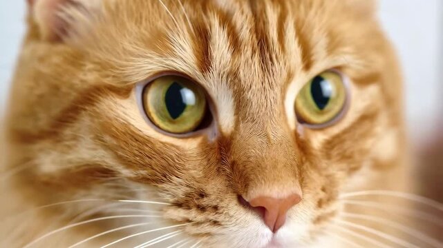 Close-up shot showing the face of a ginger tabby cat with green eyes, pink nose, and distinctive orange and white patterned fur