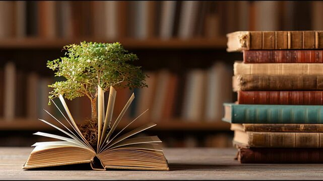 World philosophy day concept with tree of knowledge planting on opening old big book in library full with textbook, stack piles of text archive