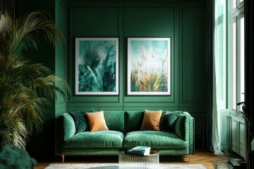 high detail visual of Green living room with sofa and two posters high detail