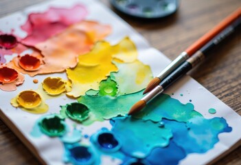 Obraz premium Vibrant watercolor paints and brushes arranged on a wooden surface