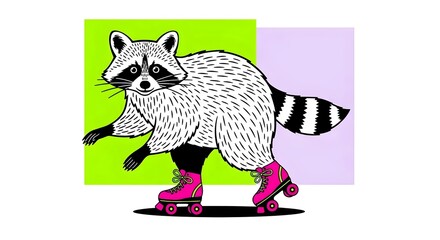 Illustration of a raccoon on roller skates. modern block printing, risograph, roller skating, printmaking style, modern illustration, character design, stylized animal, vibrant colors, textured print