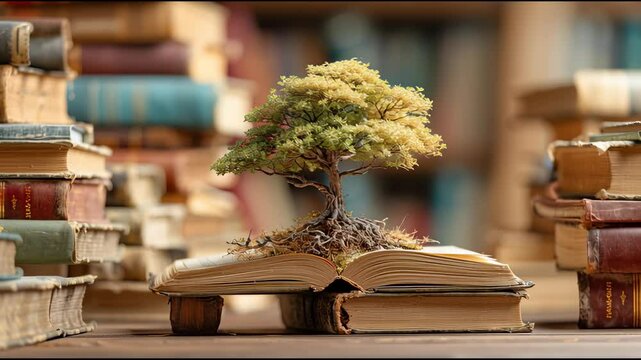 World philosophy day concept with tree of knowledge planting on opening old big book in library full with textbook, stack piles of text archive