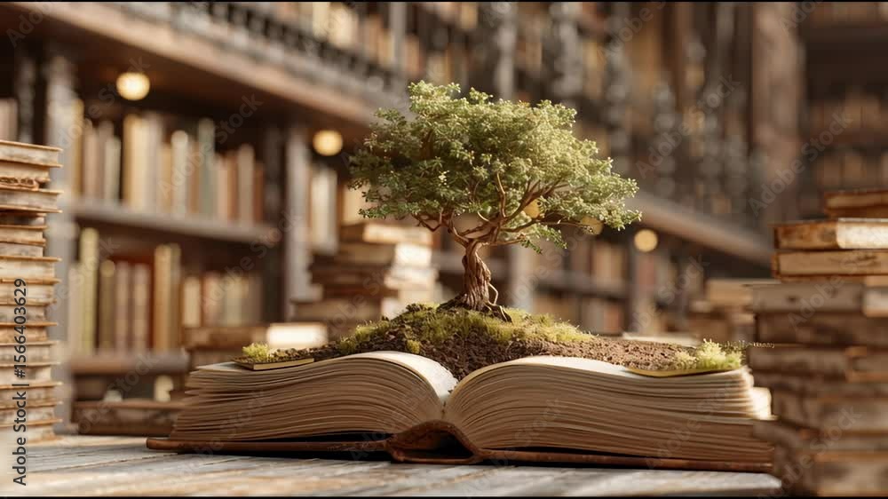 Poster world philosophy day concept with tree of knowledge planting on opening old big book in library full