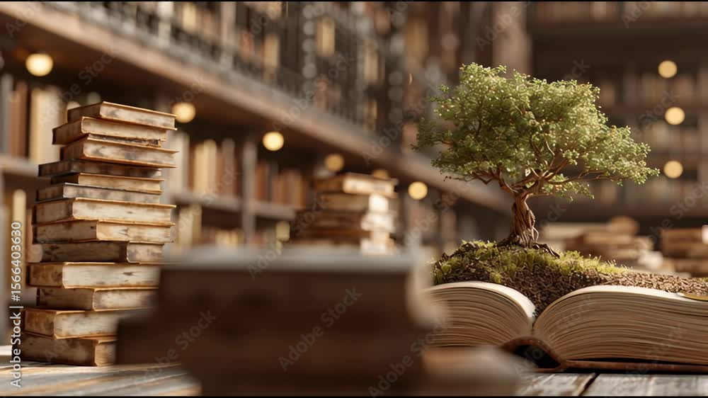 Poster world philosophy day concept with tree of knowledge planting on opening old big book in library full