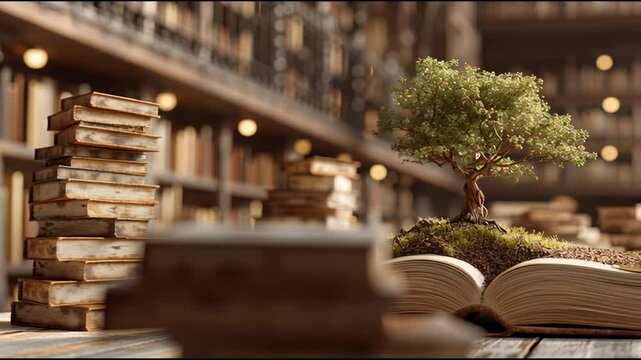 World philosophy day concept with tree of knowledge planting on opening old big book in library full with textbook, stack piles of text archive