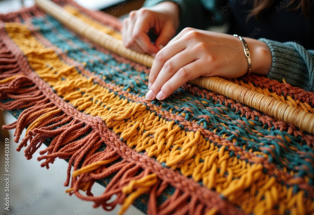 Poster hands weaving colorful textile with intricate patterns and textures