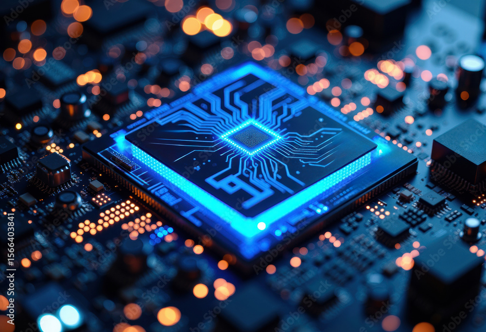 Poster close-up of a glowing blue microchip on a circuit board with electronic components