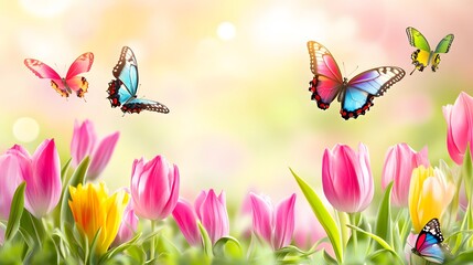 Fototapeta premium Vibrant Spring Tulips and Colorful Butterflies