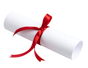A pristine white diploma scroll tied with a vibrant red ribbon symbolizes academic achievement.