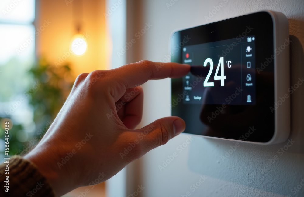 Poster thermostat control panel displaying 24 degrees celsius on wall in modern home setting