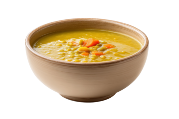 PNG Hearty bowl of yellow pea soup with carrot chunks in beige ceramic bowl