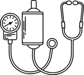  blood pressure monitor silhouette, black vector illustration with pulse line, gauge, and inflation bulb for health diagnostics