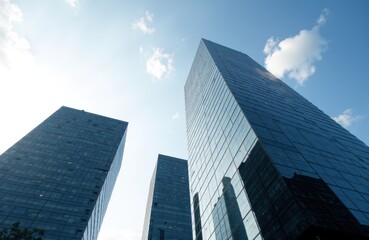 Fototapeta premium Tall modern glass skyscrapers reflecting the sky and clouds create a striking urban cityscape scene