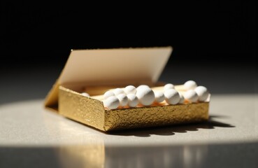 Small open box filled with white pills or tablets on a reflective surface