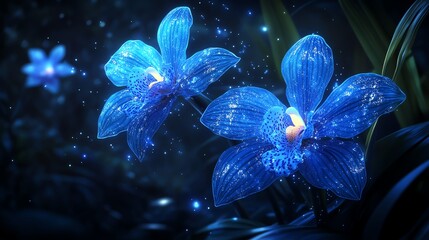 Glowing blue orchids in a mystical, dark forest setting.  Sparkling petals and magical ambiance.