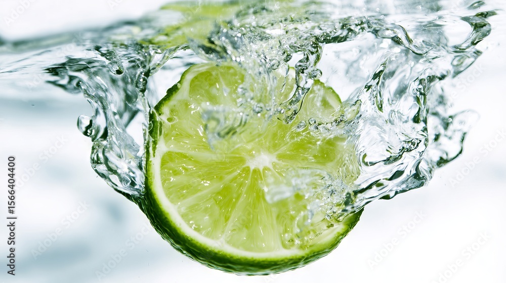 Poster fresh lime slice splashing into clear water, creating dynamic waves and bubbles, showcasing vibrant 
