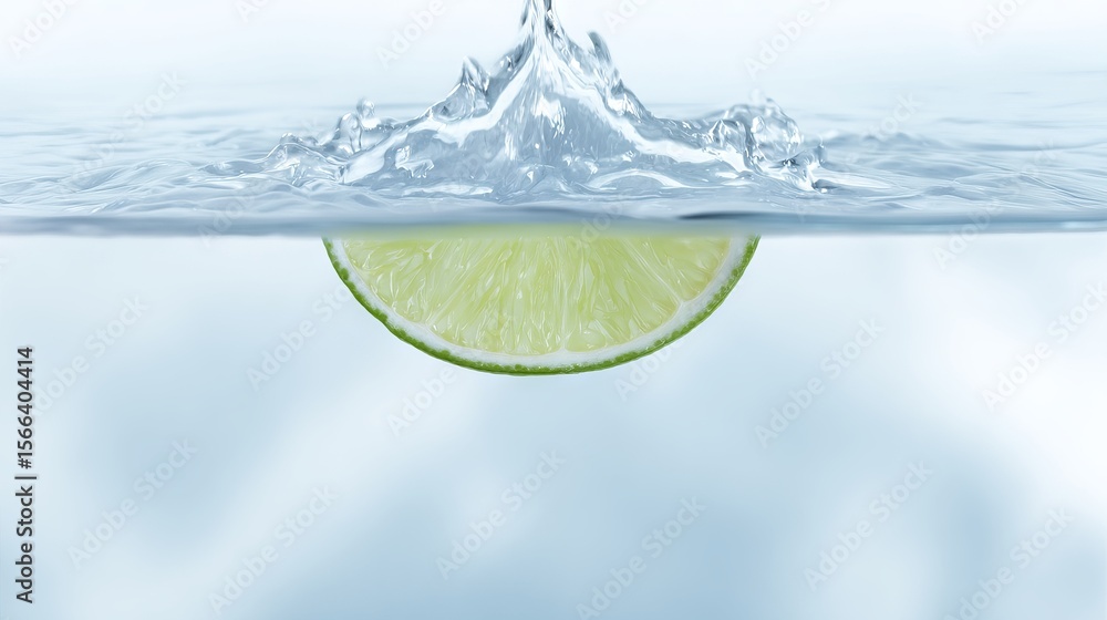 Poster fresh lime slice partially submerged in clear water, creating splashes and bubbles, showcasing vibra