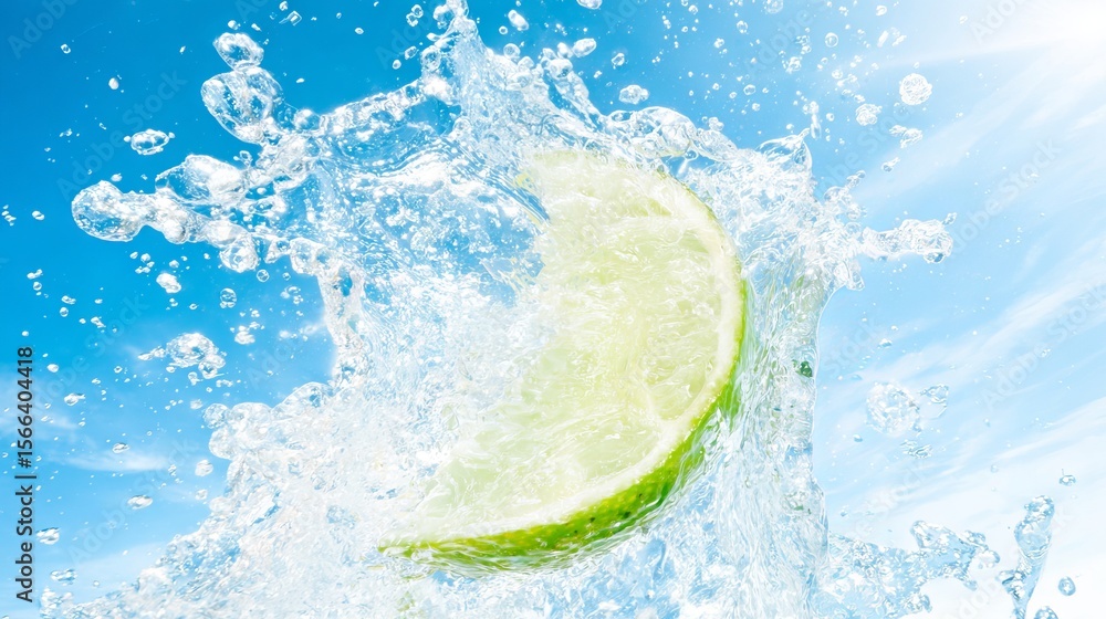 Poster fresh lime slice splashing into clear water, creating dynamic droplets against a bright blue sky, ca
