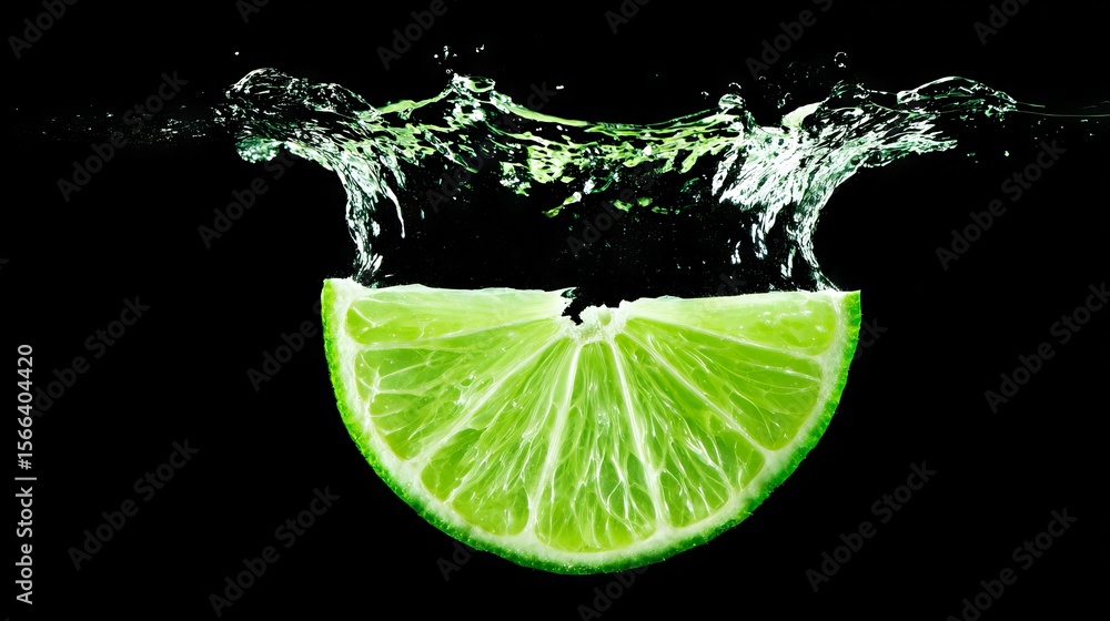 Poster fresh green lime slice splashing into clear water, creating dynamic droplets and ripples, showcasing