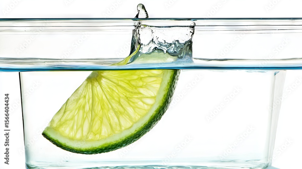 Poster fresh lime slice splashes into clear water, creating ripples and bubbles, showcasing vibrant colors 