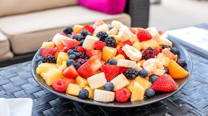 Colorful fruit salad featuring a variety of fresh berries, bananas, and melons arranged beautifully on a black plate, perfect for summer gatherings and healthy eating