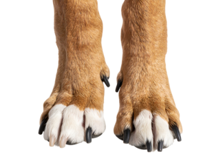 A pair of healthy canine paws, one with distinctive white fur markings, standing upright and alert.