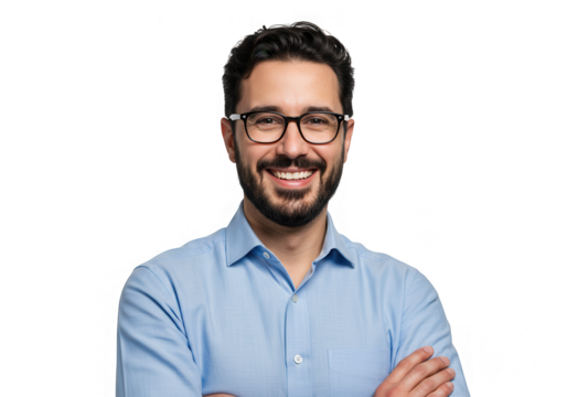 A handsome young man with glasses and a beard smiles with his arms crossed isolated on transparent background