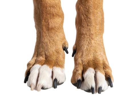 A pair of healthy canine paws, one with distinctive white fur markings, standing upright and alert.