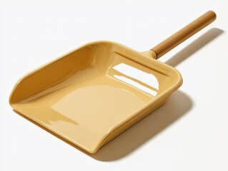 Beige plastic dustpan with wooden handle for cleaning dust and debris in household and industrial environments, isolated on white background