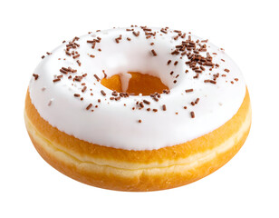 A perfectly baked golden donut generously coated with sweet white glaze and crunchy chocolate sprinkles.