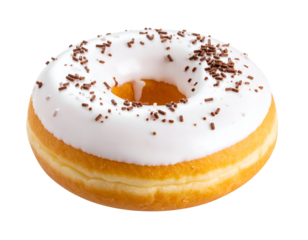 A perfectly baked golden donut generously coated with sweet white glaze and crunchy chocolate sprinkles.