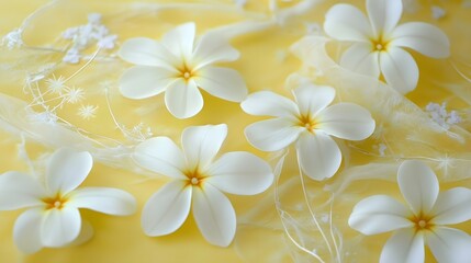 Obraz premium Elegant White Plumeria Flowers on Yellow Fabric