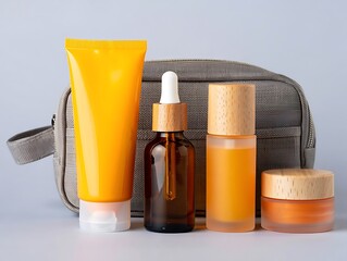 A travel bag with skincare products