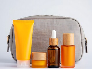 A grey travel bag holds an orange skincare set