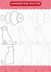 Tracing worksheet for preschool kids featuring cat, dog, and fish shapes for handwriting practice