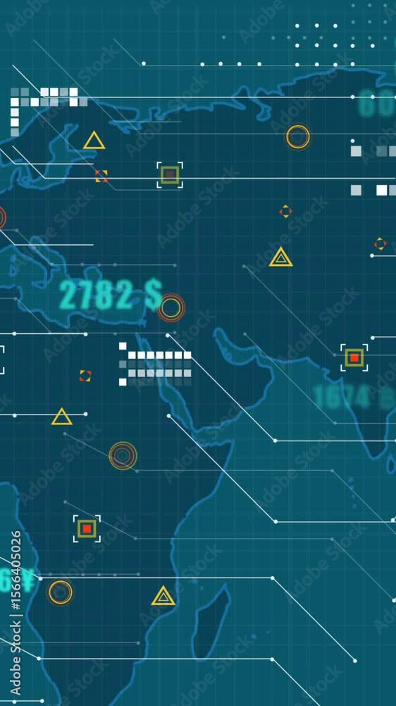 Poster animation of data processing and world map against blue background