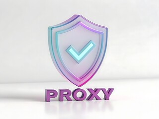 Secure proxy server icon with a checkmark symbol and the word proxy in purple 3d letters