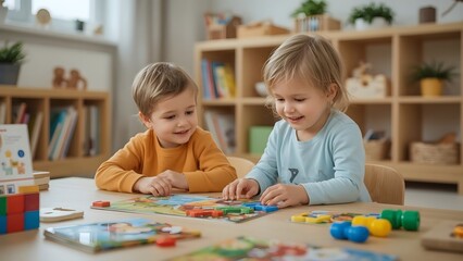 Fototapeta premium Cute little children playing with colorful puzzle at the table in the room