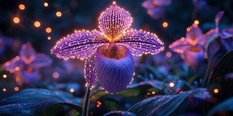fantasy garden portrait of a glowing Paphiopedilum orchid under moonlight