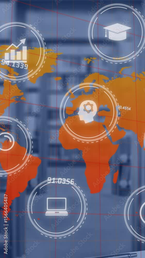 Poster animation of icons and data processing over world map and library